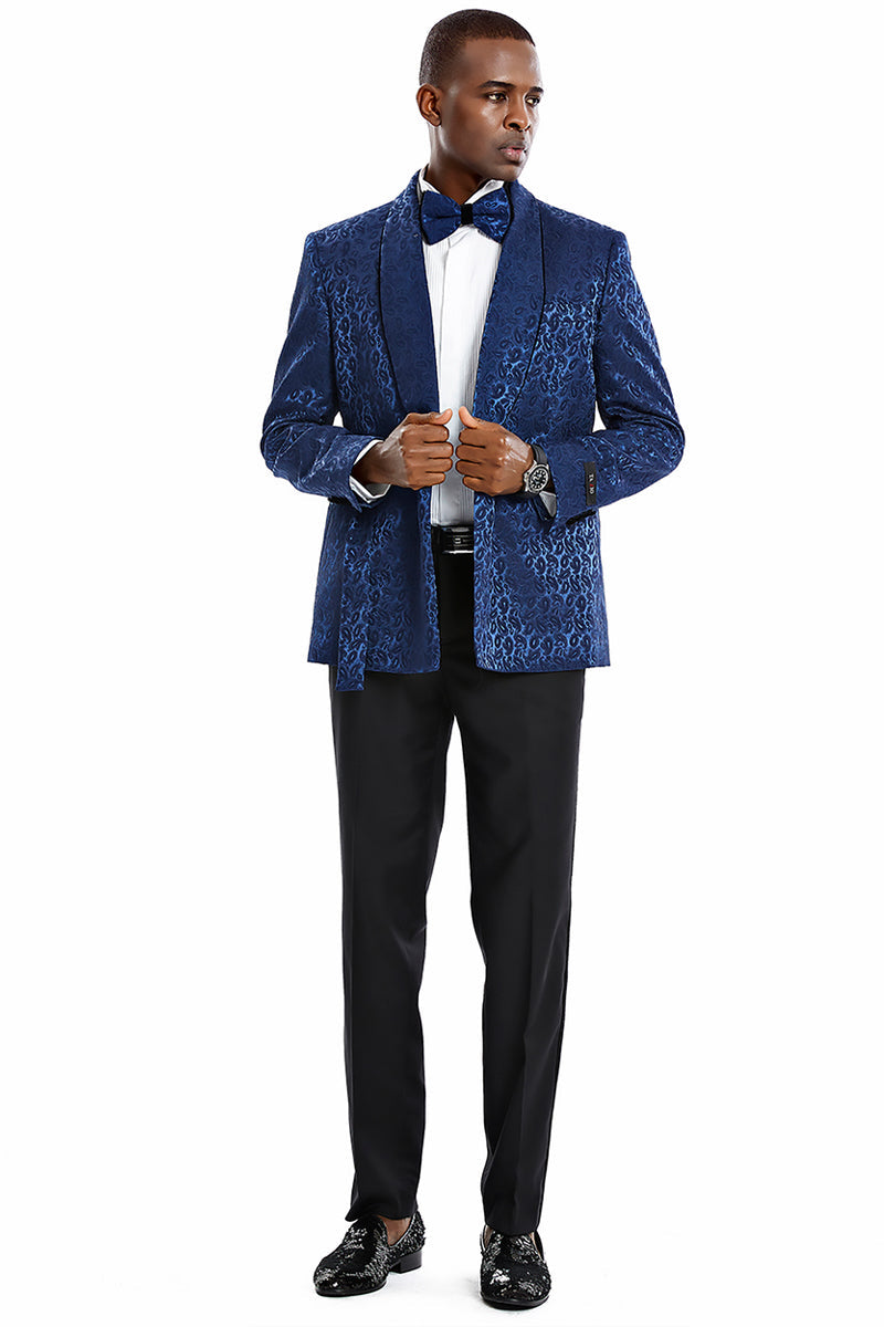 Navy Blue Paisley Men's Slim Fit Double Breasted Tuxedo Smoking Jacket for Prom & Wedding