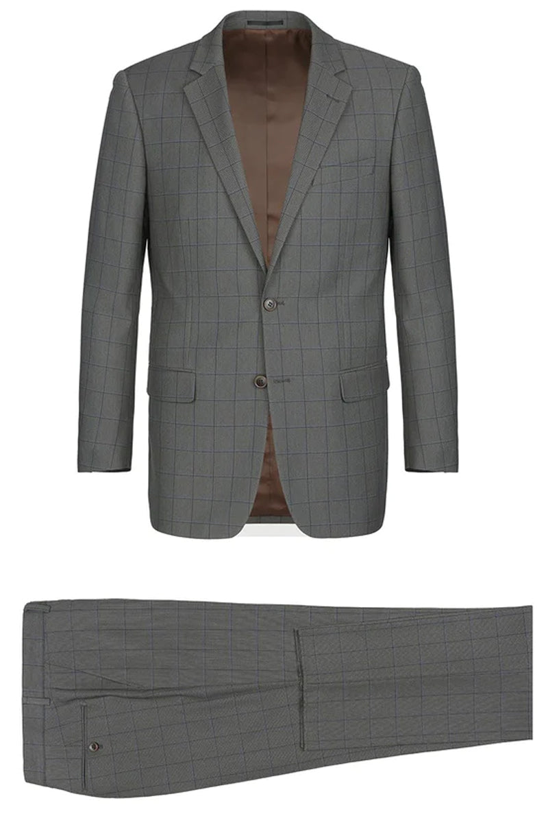 "Grey Windowpane Plaid Men's Two Button Classic Fit Suit"