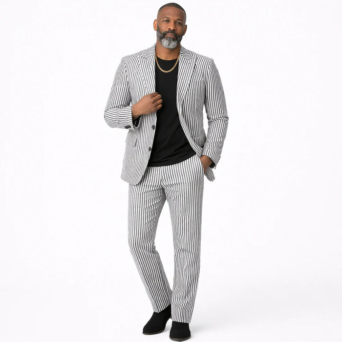 Mens Premium Cotton Seersucker Stripe Suit – Black