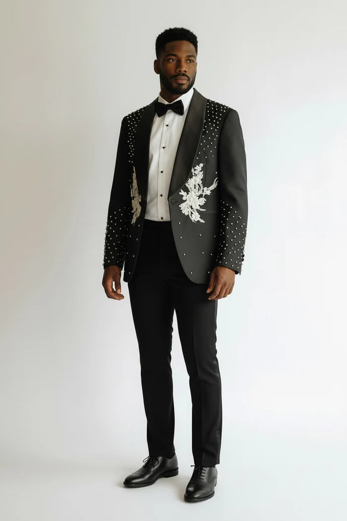 Men’s Elio Black & Silver Embellished Tuxedo – Luxury 3 Piece Prom & Wedding Suit with Shawl Collar - 34 Short or Extra Small
