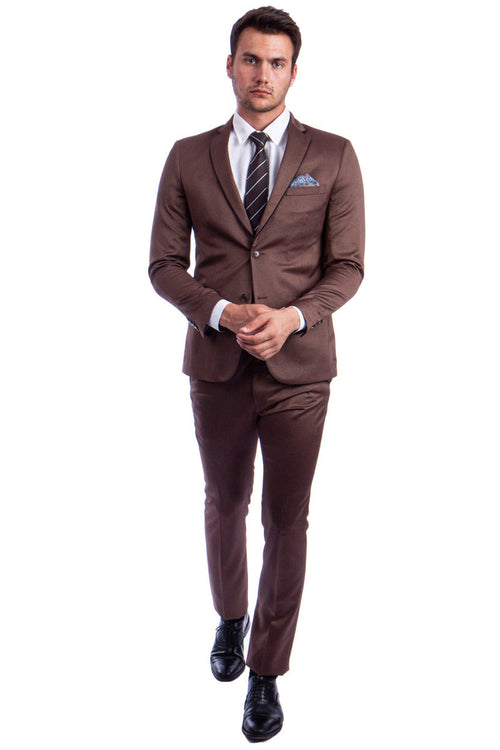 "Sharkskin Slim Fit Men's Suit - Two Button, Light Brown Cognac, Lapel Trim"