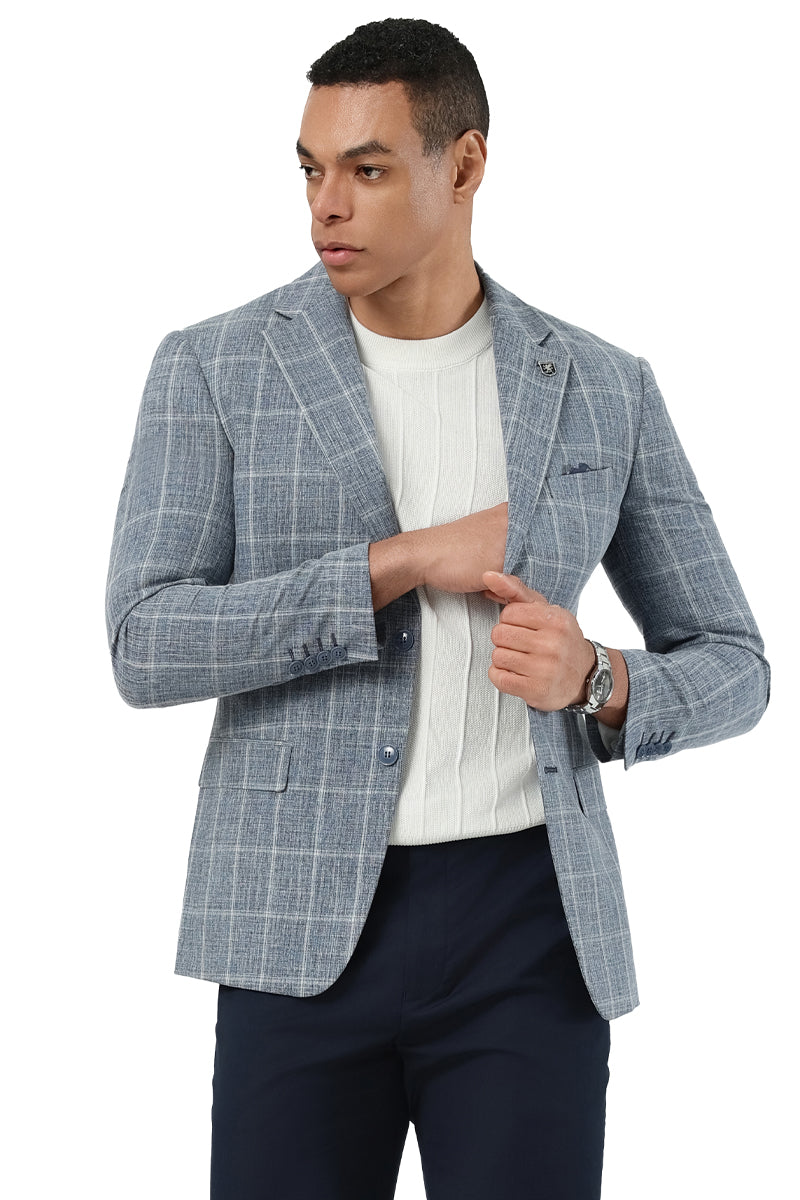 Men's Stacy Adams Modern Fit Windowpane Plaid Blazer in Light Blue - 38 Regular