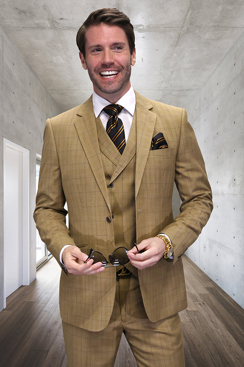 Men's Designer Wool Vested Windowpane Plaid Suit in Bronze - 36 Short