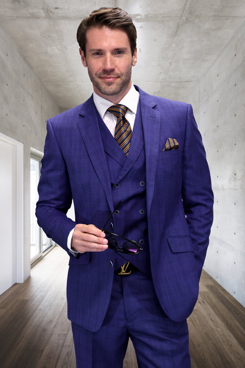 Men's Designer Wool Vested Windowpane Plaid Suit in Sapphire Blue - 36 Short
