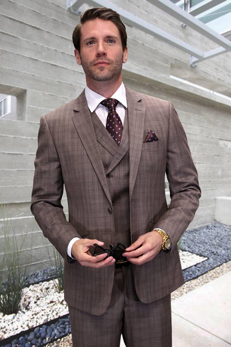 Men's Designer Wool Vested Windowpane Plaid Suit in Taupe - 36 Short