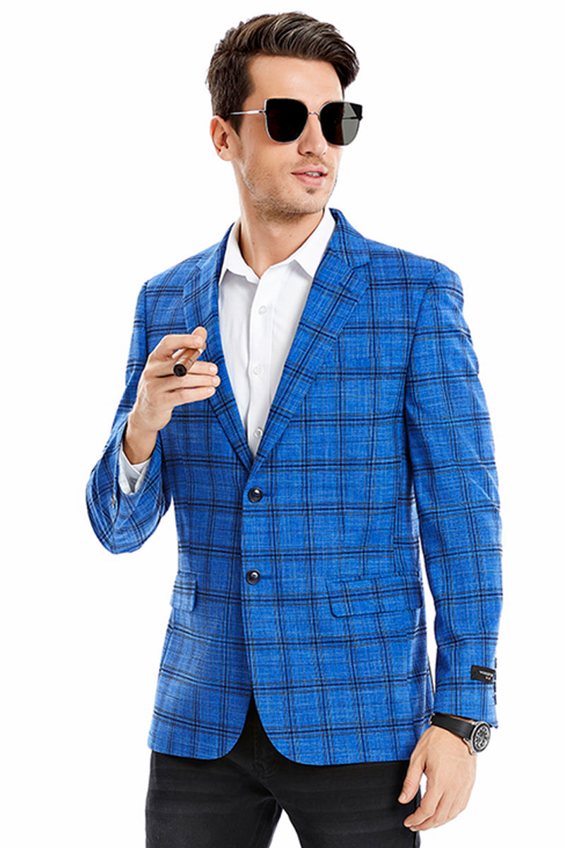 "Men's Slim Fit Glen Plaid Sport Coat - Two Button Royal Blue Blazer" - X-Small