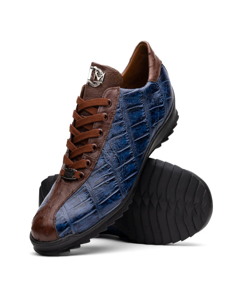 Marco Di Milano Saulo Men's Shoes Blue & Brown Exotic Ostich / Alligator Casual Sneakers - 6