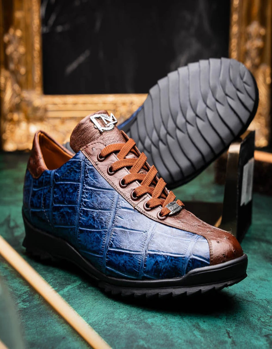 Marco Di Milano Saulo Men's Shoes Blue & Brown Exotic Ostich / Alligator Casual Sneakers - 6