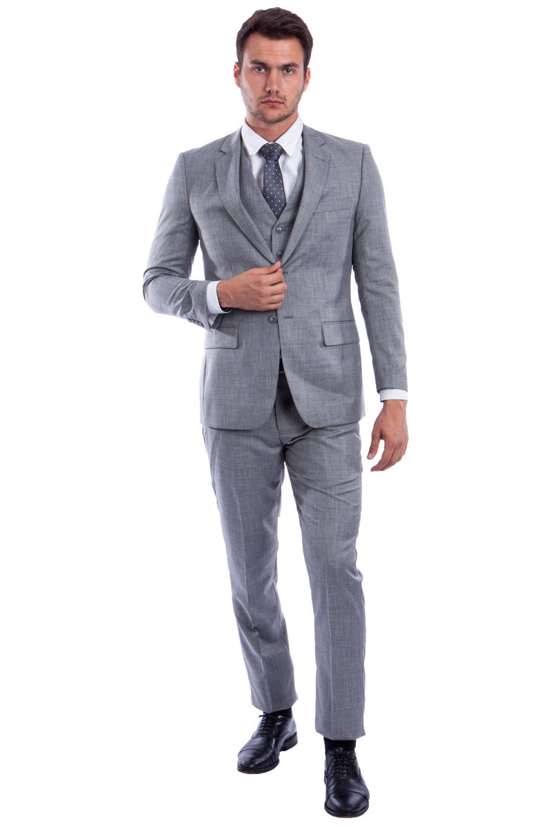 "Sharkskin Wedding & Business Suit - Men's Two Button Hybrid Fit Vested in Stone Grey"
