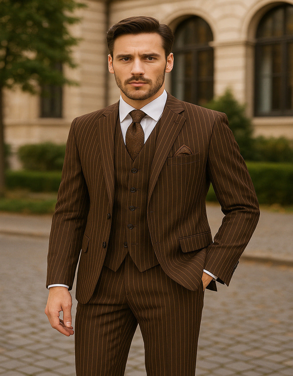 Men's Brown Pinstripe 3-Piece Suit with Matching Vest – Classic Fit Business and Formal Attire - 34 Short or Extra Small