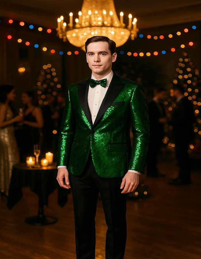 Men's Green Sequin Tuxedo Jacket with Black Satin Lapel and Bow Tie â€“ Sparkling Party and Stage Blazer By Alberto Nardoni