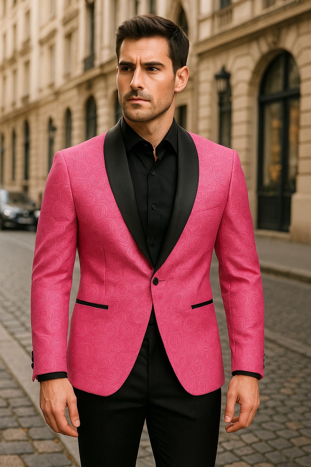 Men’s Hot Pink Paisley Tuxedo Blazer with Black Shawl Lapel Fuchsia Color Dinner Jacket Perfect for Prom - Hot Pink