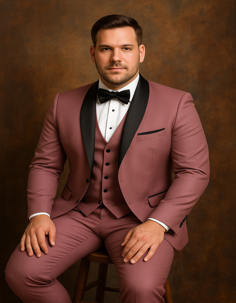 Men's Mauve Pink Tuxedo Suit – 3-Piece Slim Fit with Black Satin Shawl Lapel - 34 Short or Extra Small