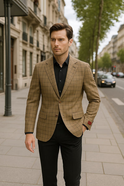 Men's Tan Plaid Blazer â€“ Windowpane Checkered Taupe Colar with Conservative burgunsih Pattern Mix Perfect For Business