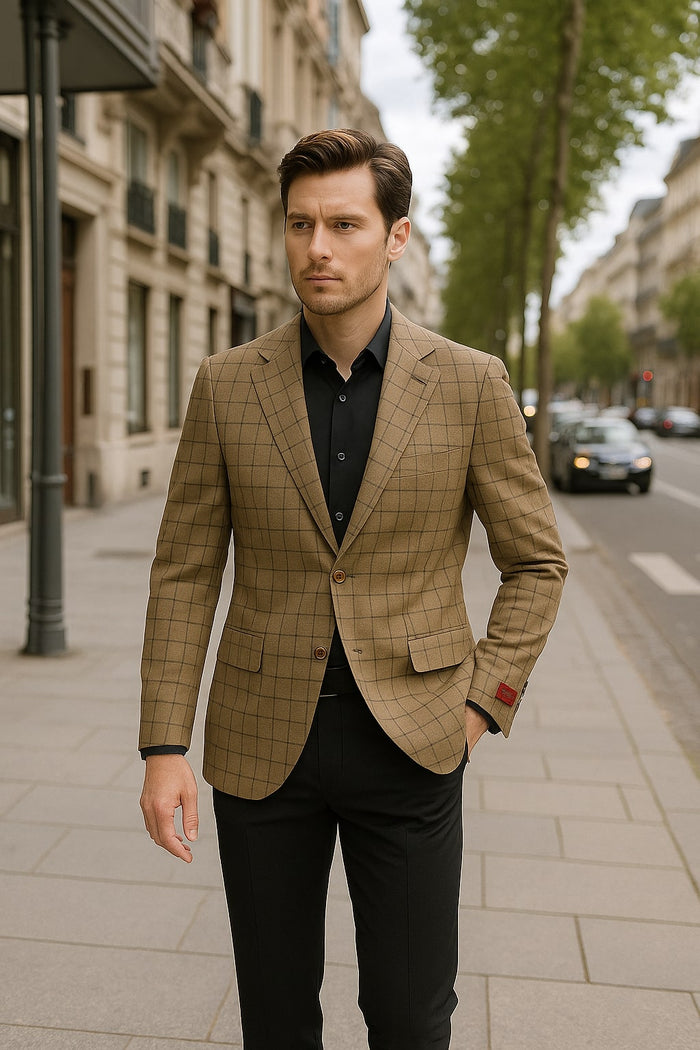 Men's Tan Plaid Blazer â€“ Windowpane Checkered Taupe Colar with Conservative burgunsih Pattern Mix Perfect For Business