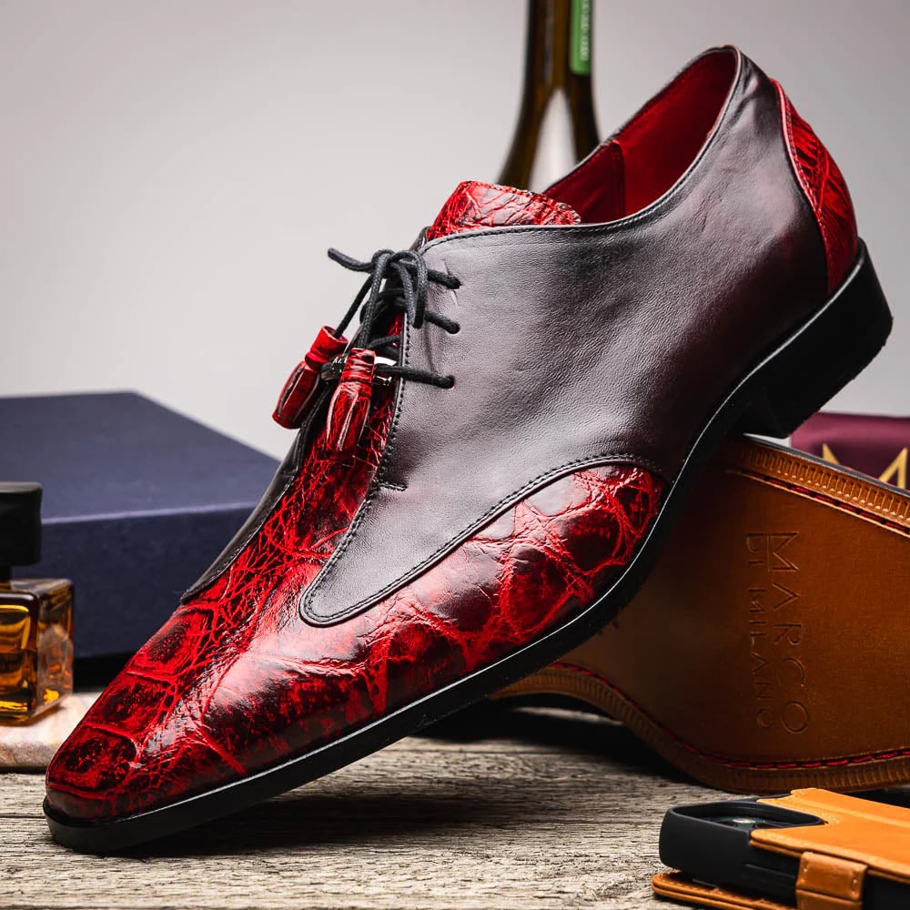 Marco Di Milano Anzio Exotic Alligator & Calfskin Leather Burgundy & Black Oxfords - 6