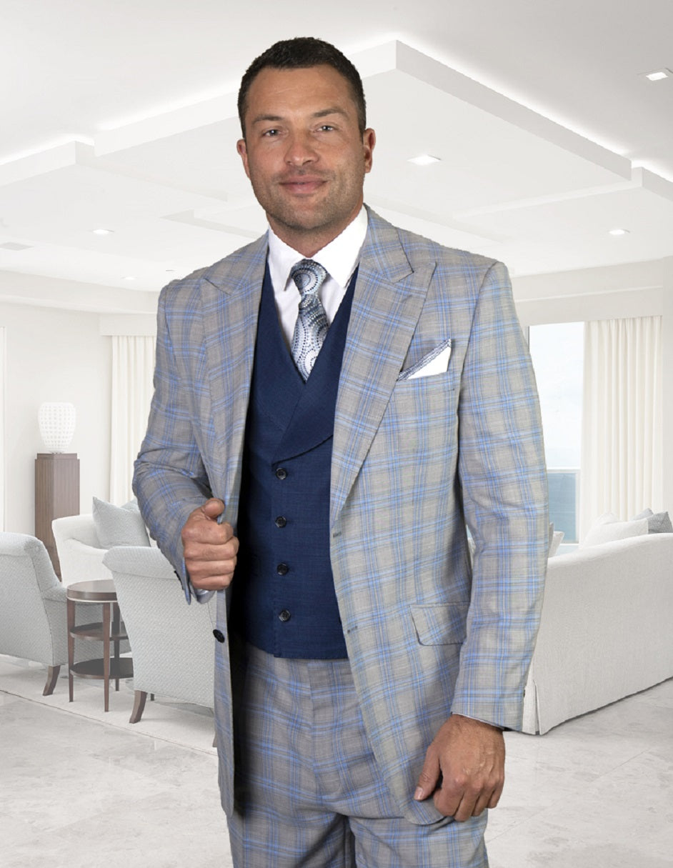Statement Men's 3 Piece 100% Wool Powder Blue Suit - Double Breasted Vest - 38 Short