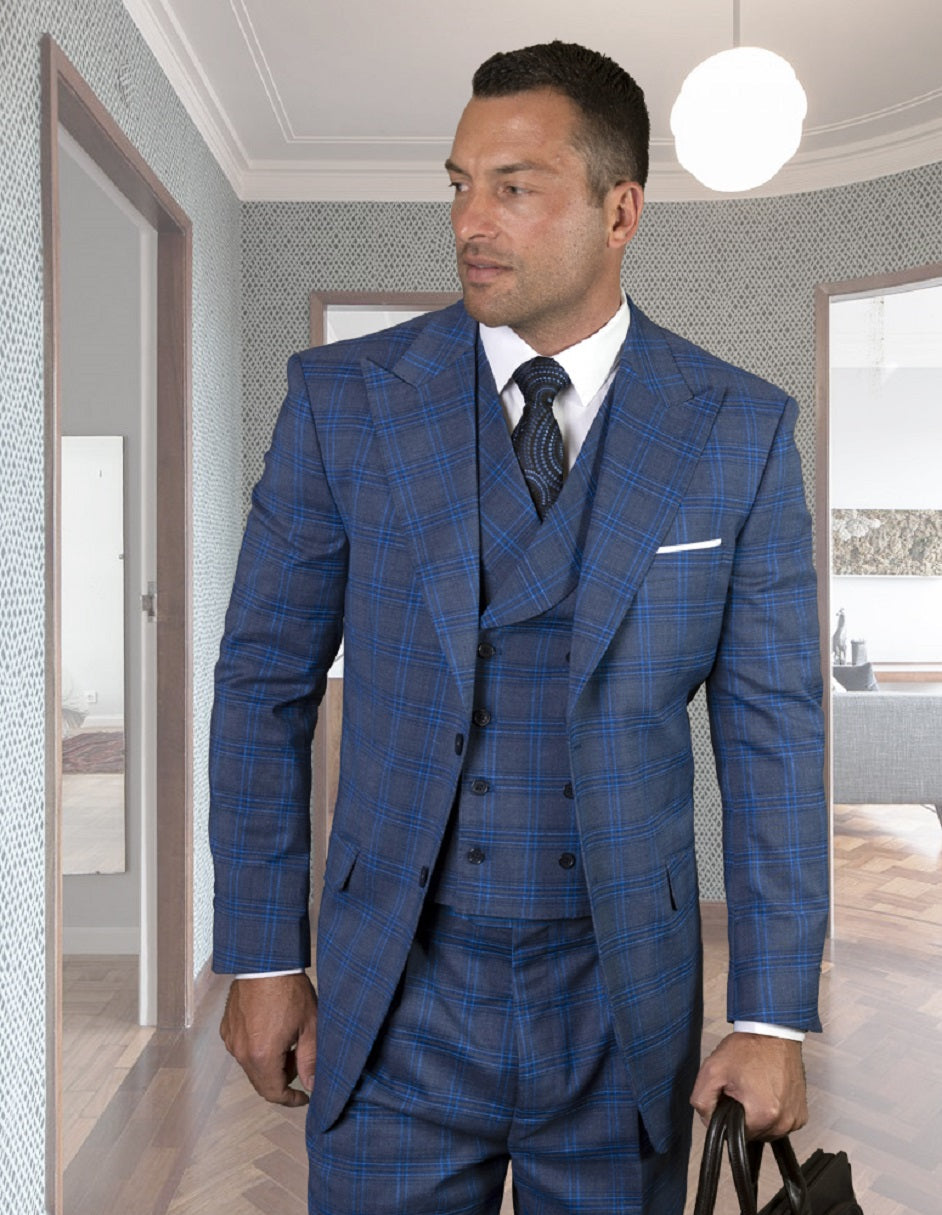 Mens Statement Apula 2 Button Peak Lapel Suit with Double Breasted Vest in Sapphire Plaid - 34 Short