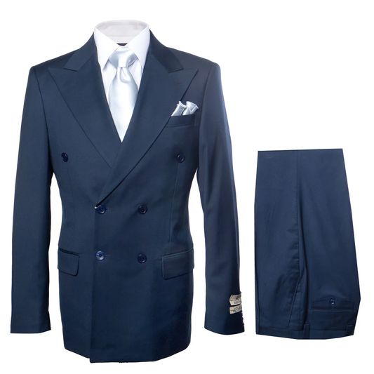 Suit With Pleated Pants Peak Lapel Wool Fabric Suit in Color Solid Navy By Rossiman Athletic Classic Fit