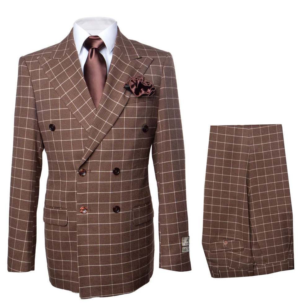 Suit With Pleated Pants Peak Lapel Wool Fabric Suit in Color Brown By Rossiman Athletic Classic Fit - 34 Short or Extra Small