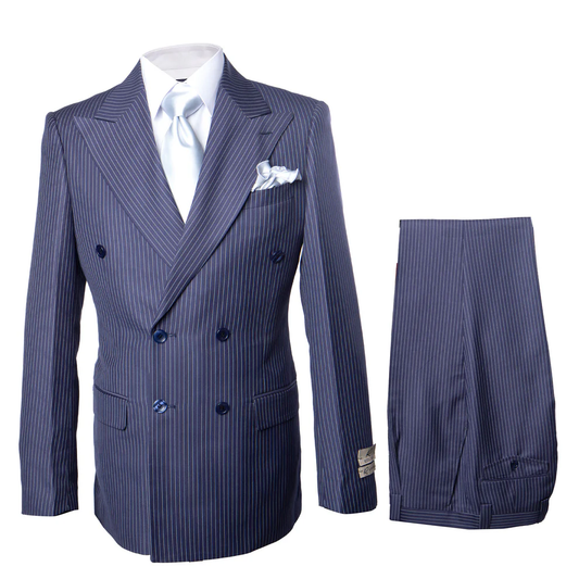 Suit With Pleated Pants Peak Lapel Wool Fabric Suit in Color Navy and White By Rossiman Athletic Classic Fit
