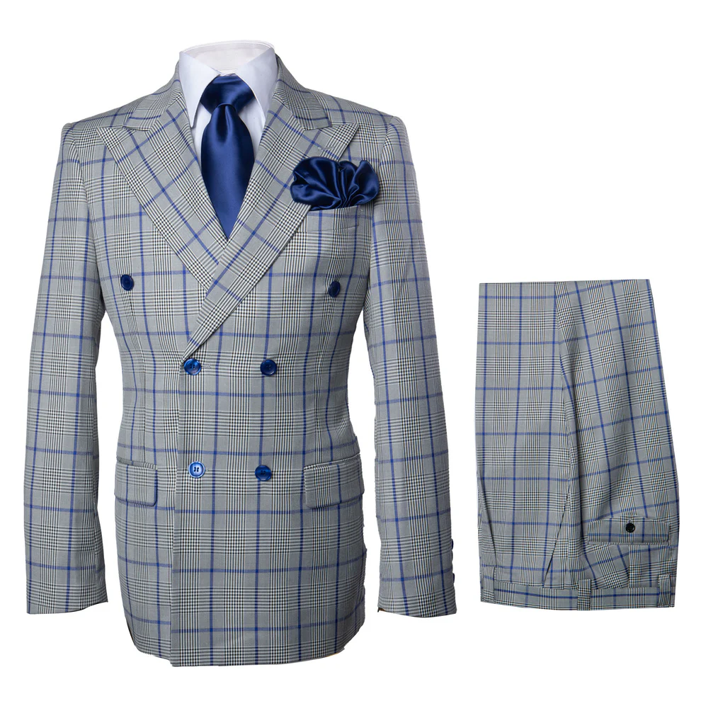 Suit With Pleated Pants Peak Lapel Wool Fabric Suit in Color Grey and Blue By Rossiman Athletic Classic Fit - 34 Short or Extra Small