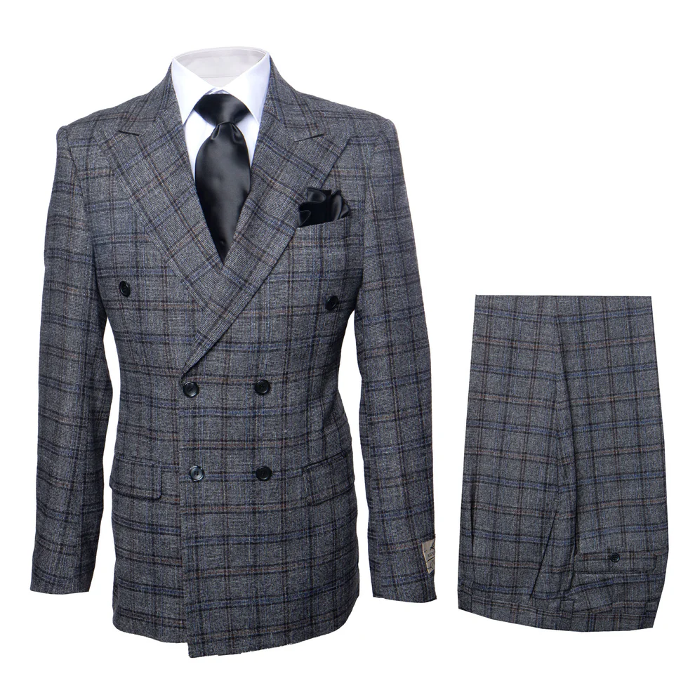 Suit With Pleated Pants Peak Lapel Wool Fabric Suit in Color Charcoal and Blue By Rossiman Athletic Classic Fit