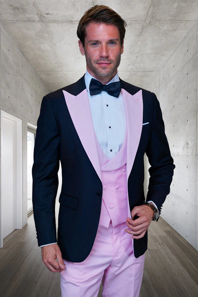 Mens Black and Pink Wool Tuxedo - Designer Vested Tuxedo with Contrast Satin Peak Lapel for Wedding and Prom