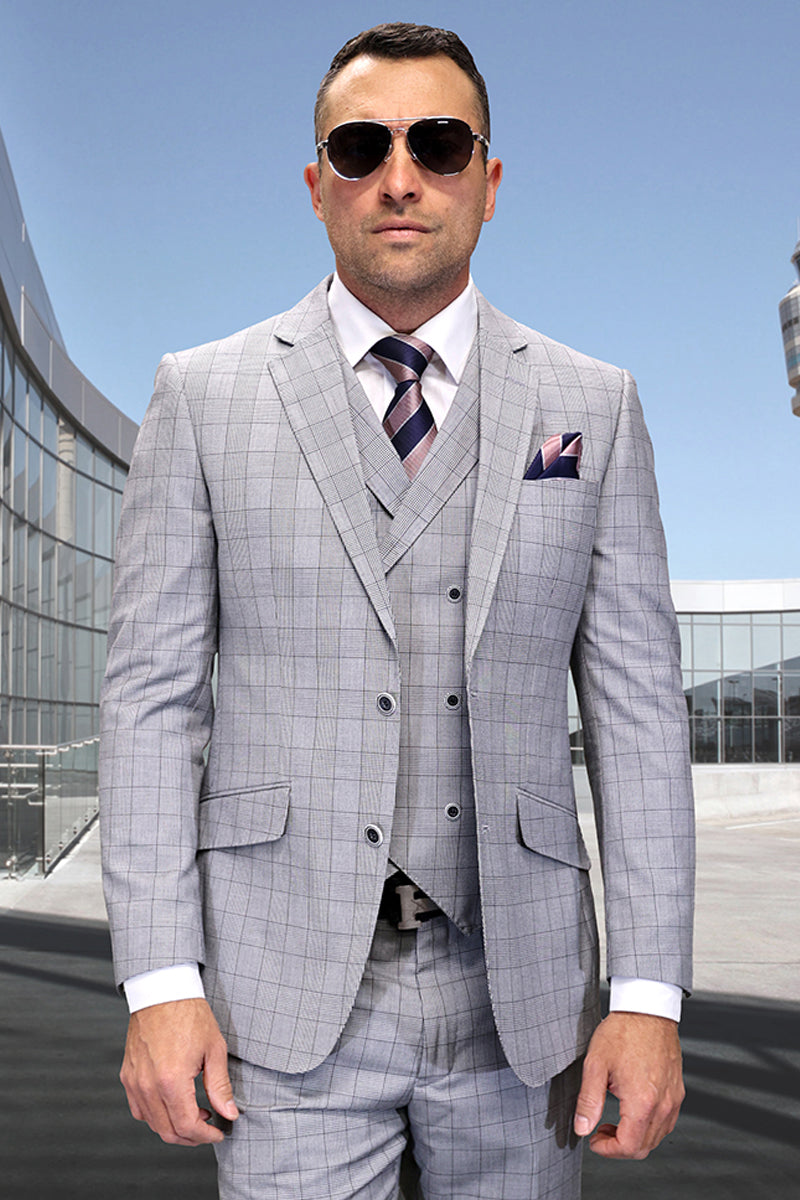 Men's Designer Wool Vested Modern Fit Windowpane Plaid Suit in Black - 36 Short