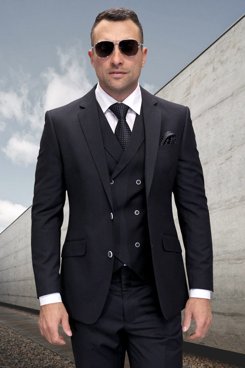 Men's Designer Wool Vested Modern Fit Windowpane Plaid Suit in Charcoal Grey - 36 Short
