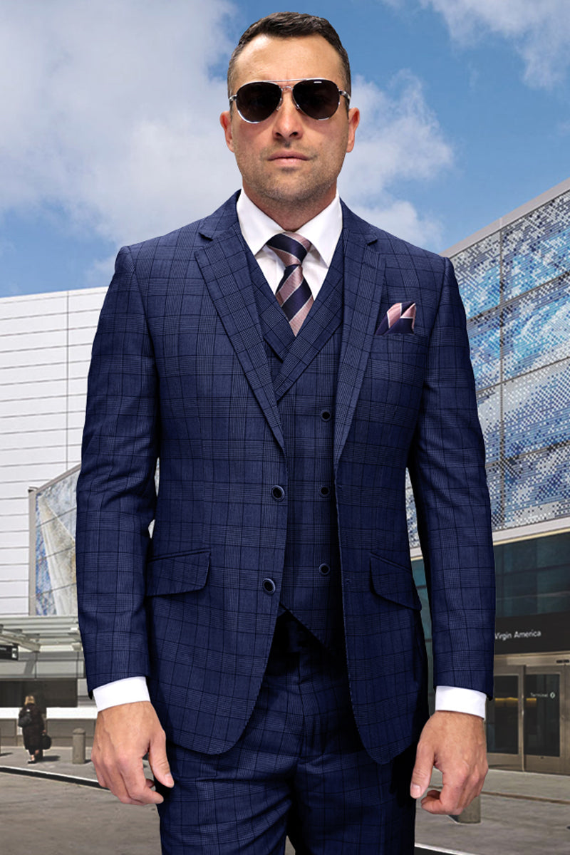 Men's Designer Wool Vested Modern Fit Windowpane Plaid Suit in Sapphire Blue - 36 Short