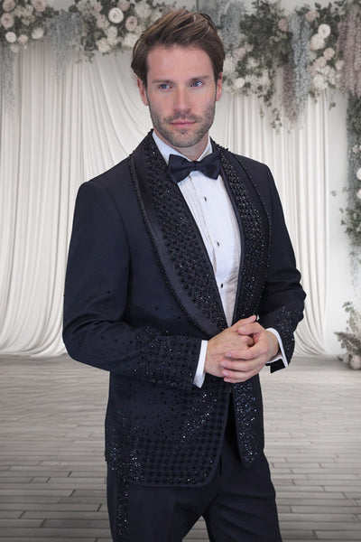 Men's Designer Black Flower Rhinestone Studded Prom & Wedding Tuxedo in Black