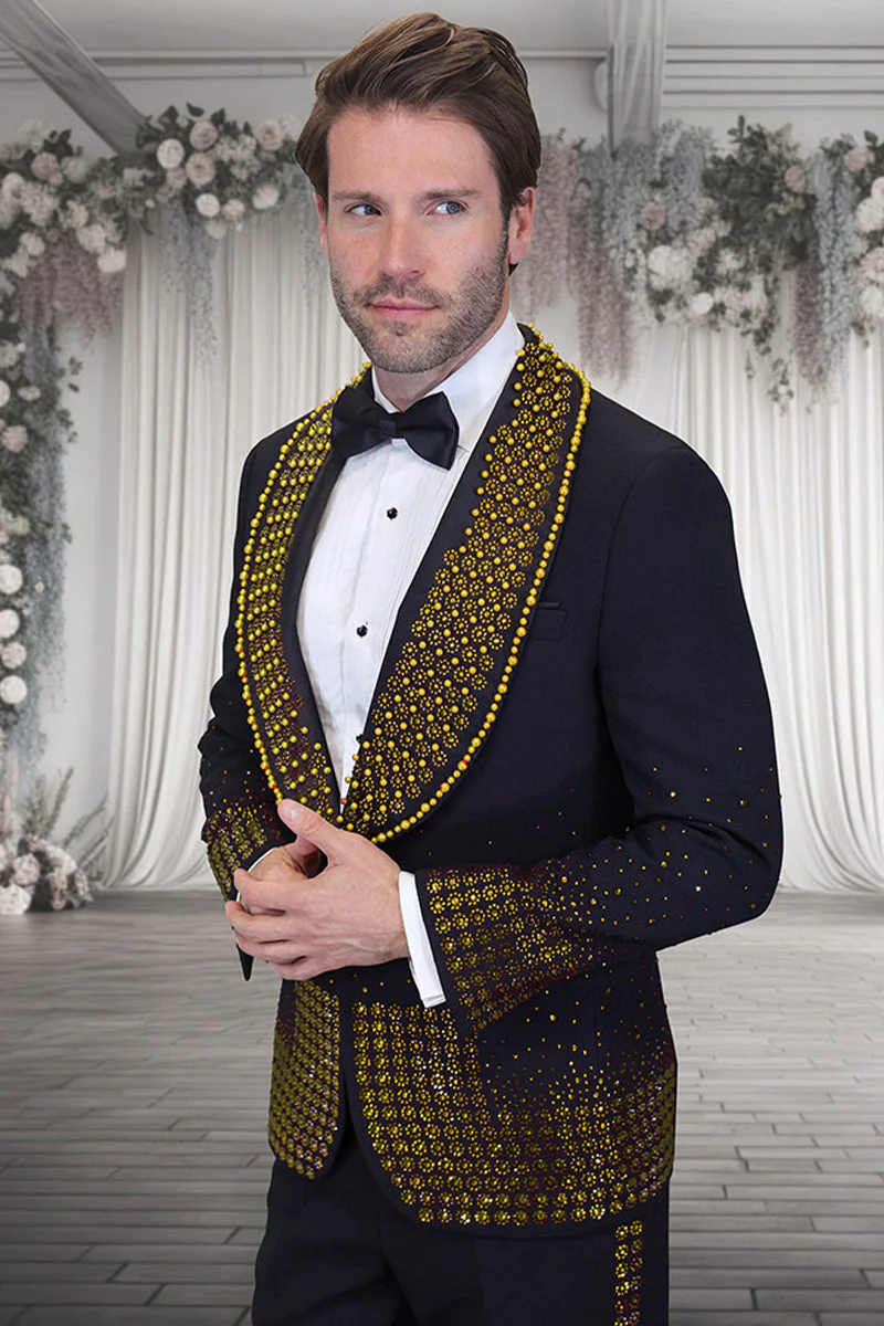 Mens Designer Gold Flower Rhinestone Studded Prom and Wedding Tuxedo in Black - 34 Short or Extra Small