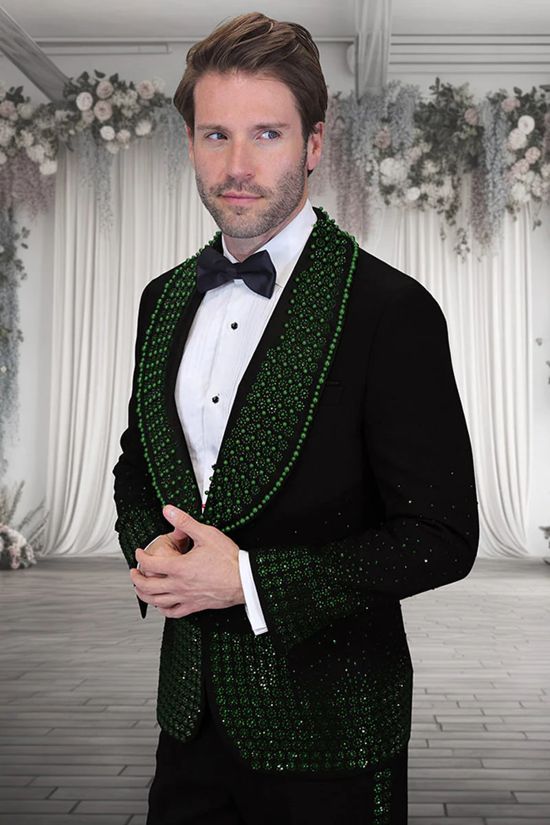Mens Designer Hunter Green Flower Rhinestone Studded Prom and Wedding Tuxedo in Black - 34 Short or Extra Small