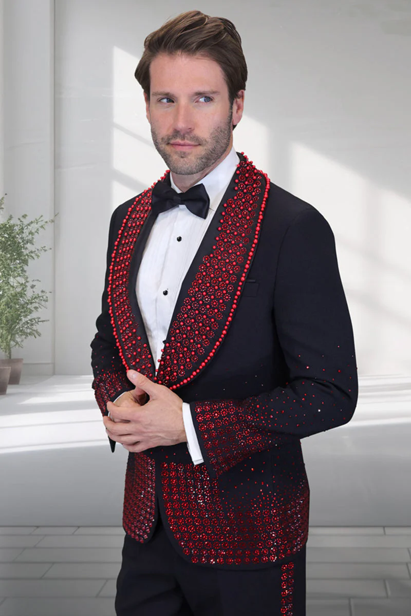Mens Designer Red Flower Rhinestone Studded Prom and Wedding Tuxedo in Black - 34 Short or Extra Small
