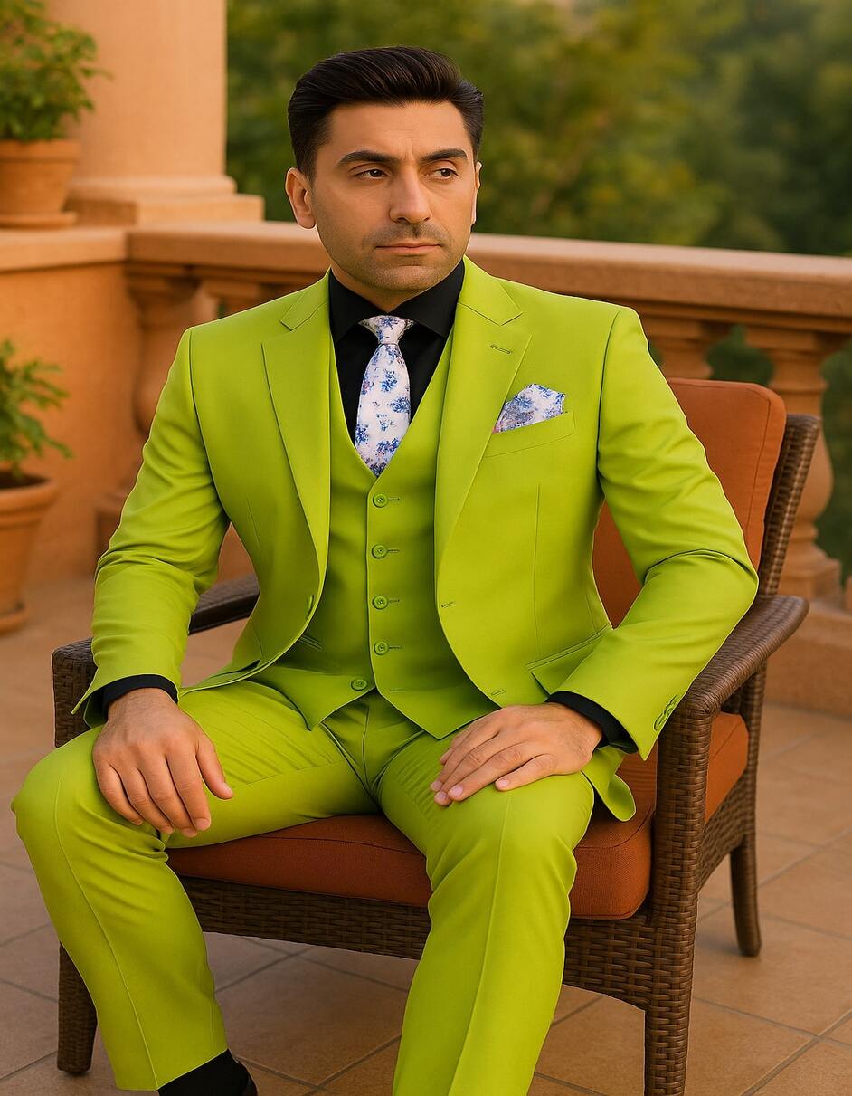 Men's Lime Green Three-Piece Suit with Floral Tie â€“ Slim Fit Tuxedo for Weddings & Parties - 34 Short or Extra Small