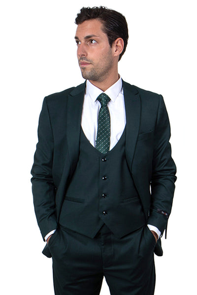 "Men's Hunter Green Skinny Wedding & Prom 2026 Suit - One Button Peak Lapel with Lowcut Vest"