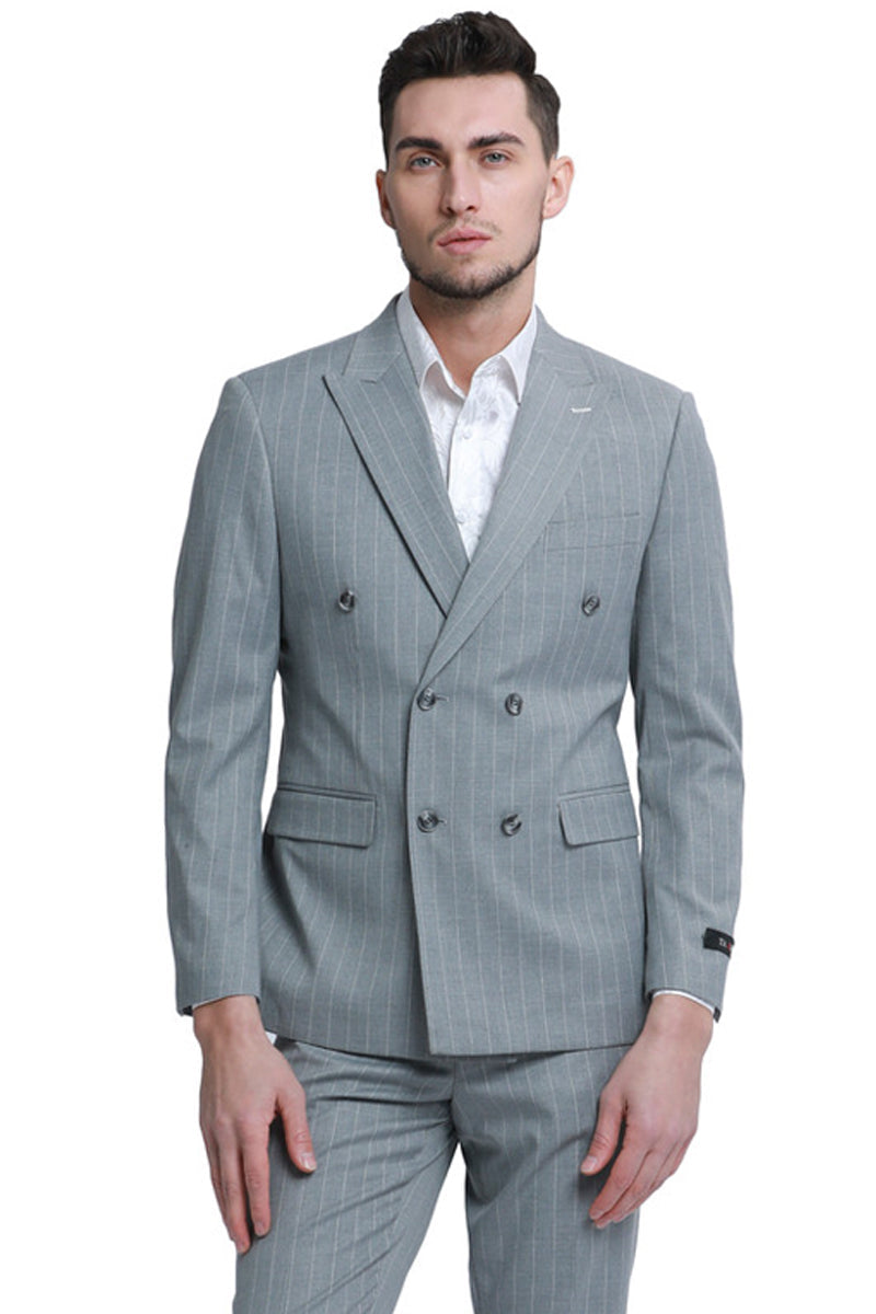 Grey Pinstripe Men's Slim Fit Double Breasted Gangster Suit - 42 Regular