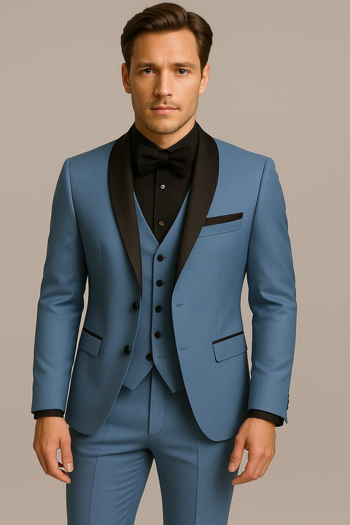 Steel Blue Tuxedo Suit with Black Shawl Lapel â€“ 3 Piece Slim Fit Wedding & Formal Attire in Light Blue Color