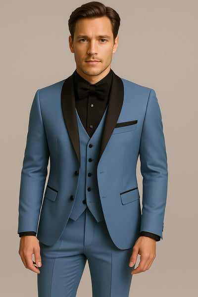 Men's Light Blue Tuxedo 3-Piece Suit with Black Shawl Lapel Formal Wedding & Prom Attire in Steel Blue