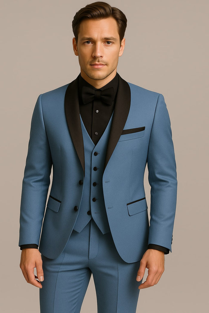 Steel Blue Tuxedo Suit with Black Shawl Lapel â€“ 3 Piece Slim Fit Wedding & Formal Attire in Light Blue Color