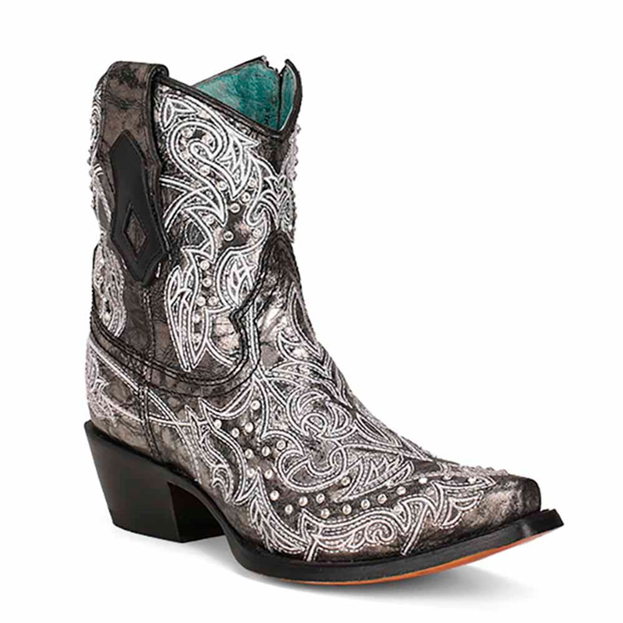 Black and White Embroidery with Crystal Accent Ankle Boots - 6