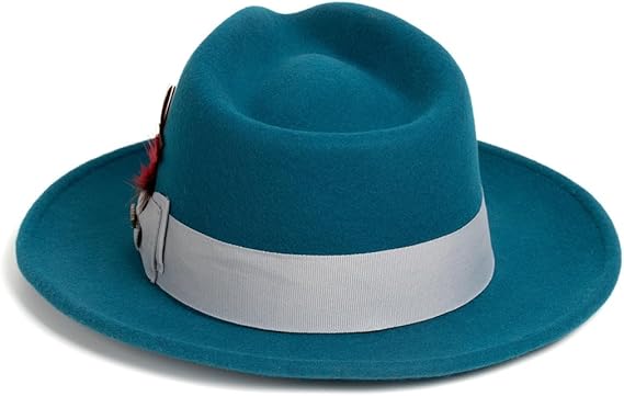Gangster 100% Australian Wool Crushable Mens Fedora Hat - Removable Feather Gangster Look Brimmed Mens Fedora Hat - S