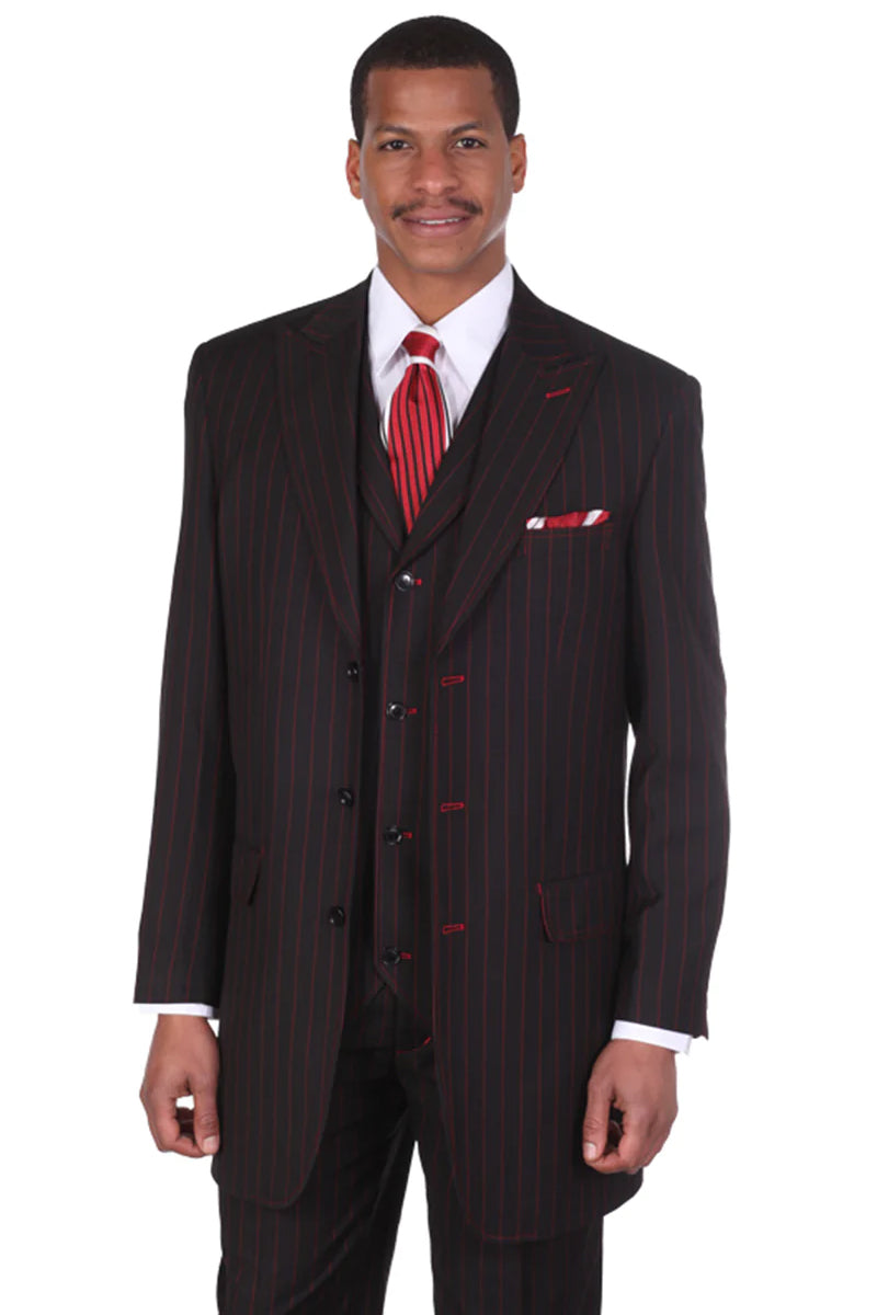 "Vintage Gangster Pinstripe Suit - Men's Bold Vested Fashion in Black & Red"