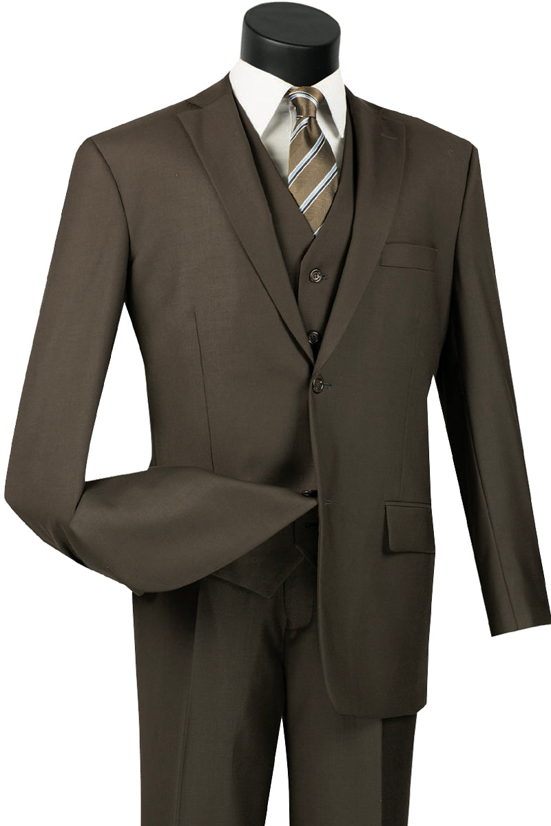Mens Classic Fit Flat Front Vested Suit in Brown - 36 Short