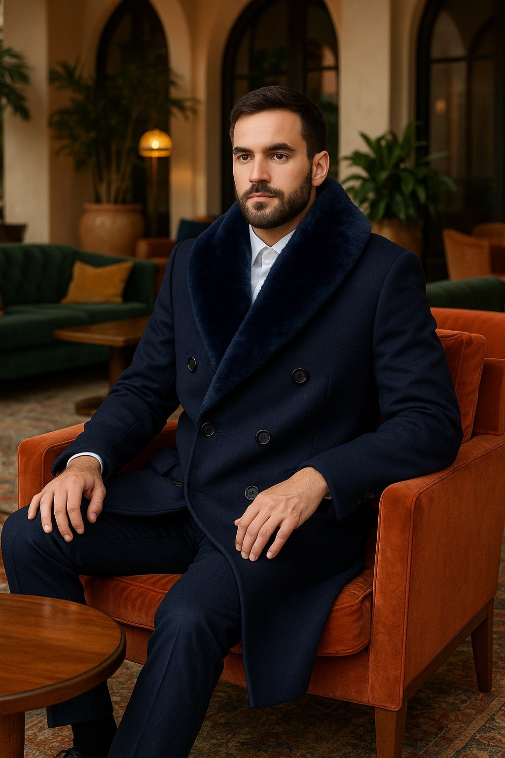 Mens Double-Breasted Navy Overcoat with Plush Blue Faux Fur Collar â€“ Alberto Nardoni Winter Coat - Coat Size 38