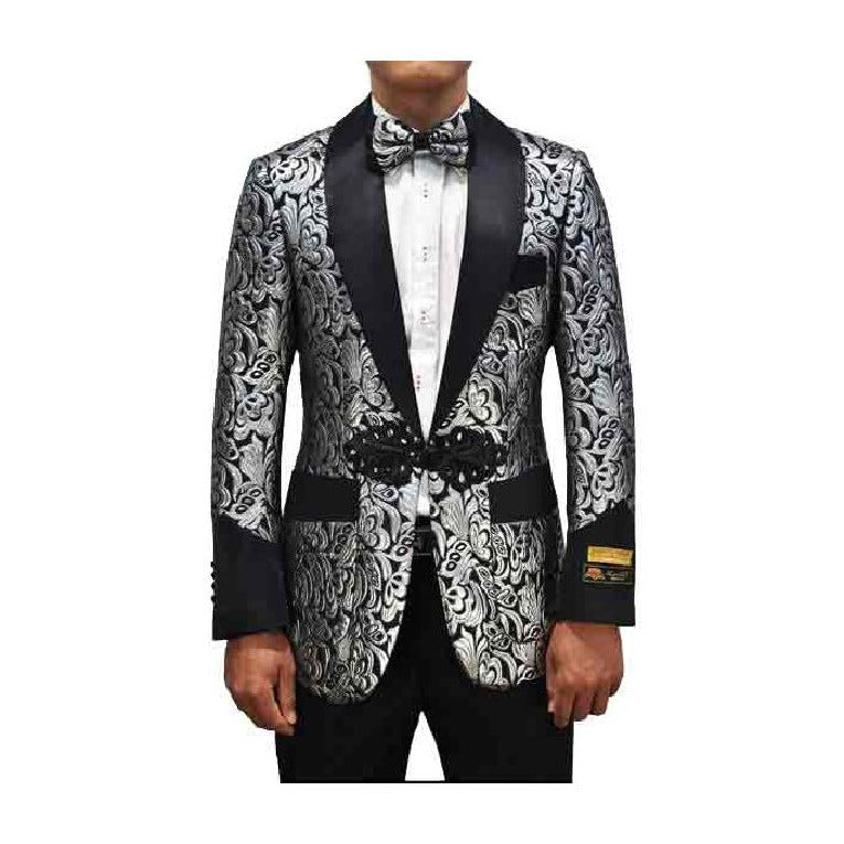 Alberto Nardoni Silver Black Floral Pattern Tuxedo - 38 Short Jacket+32 Waist Adjustable 28to34)(Height: 5 4 to5 7 )(Neck  15-16.5)S-M)