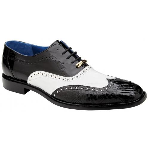 Belvedere Varo  Black / White Genuine Alligator Eel Wingtip Shoes - 6