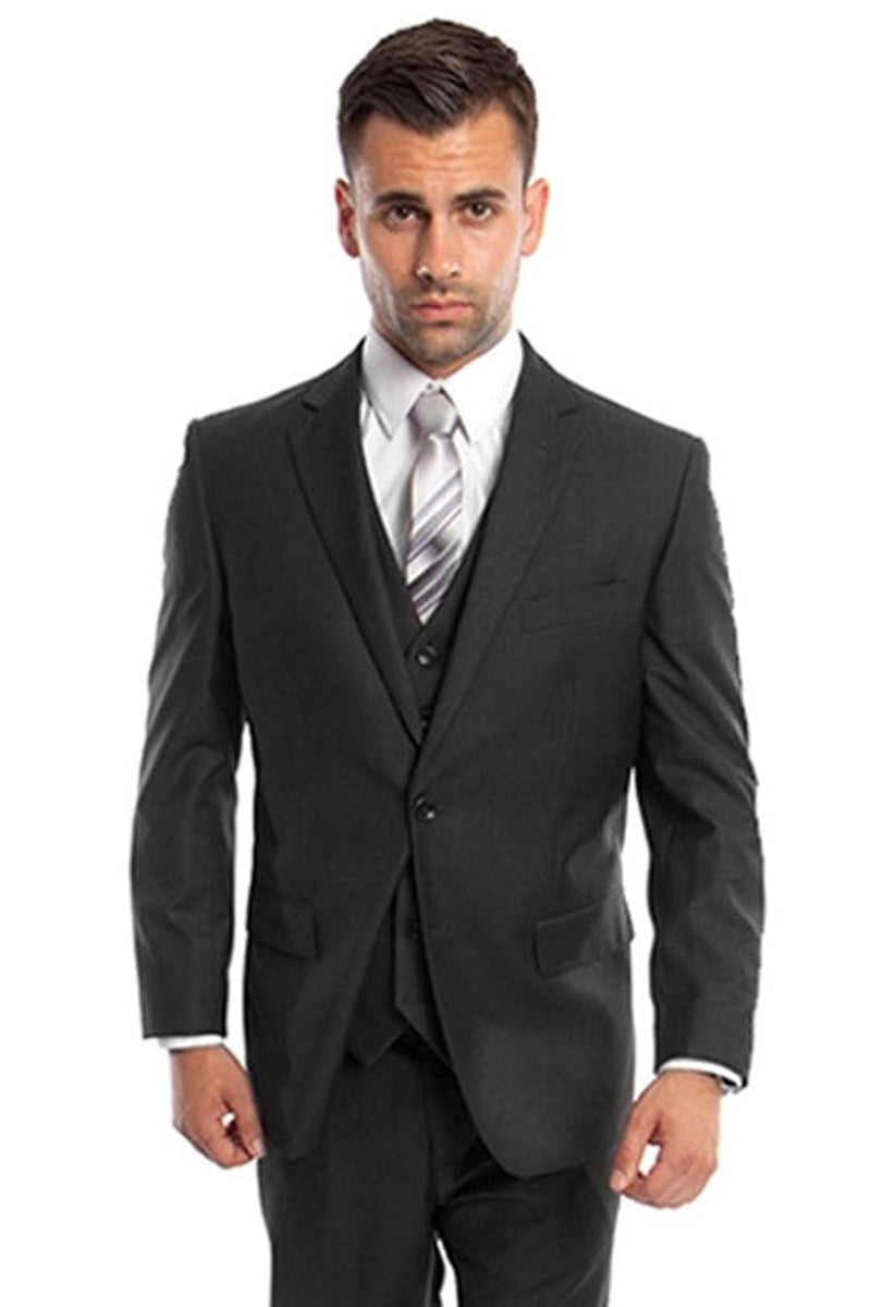 "Black Men's Wedding & Business Suit - Vested Two Button Solid Color"