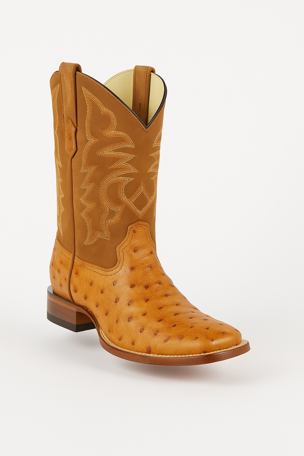 Men's Los Altos Ostrich Skin Wide Square Toe Boots - B-New Designer Collection - Amber